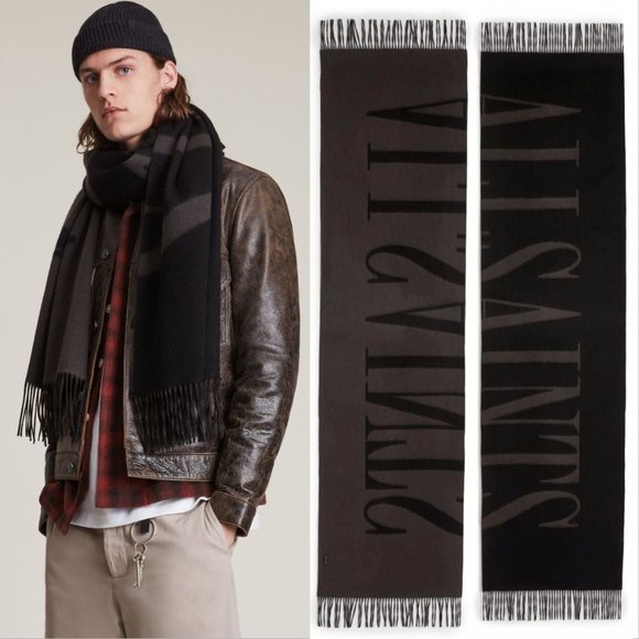AllSaints Alon Reverse SCARF Wrap 100% Wool Unisex Army Green Black NEW $179 - Picture 1 of 9